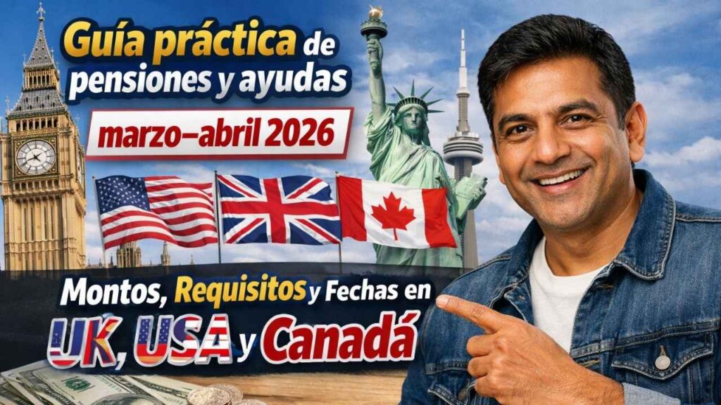 Guía práctica de pensiones y ayudas marzo–abril 2026 — montos, requisitos y fechas en UK, USA y Canadá