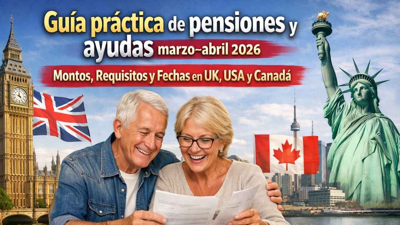 Guía práctica de pensiones y ayudas marzo–abril 2026 — montos, requisitos y fechas en UK, USA y Canadá